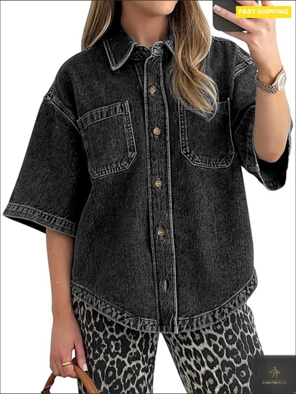 Oversized Denim Button Down Shirt Short Sleeve Casual Chunky Jean Top